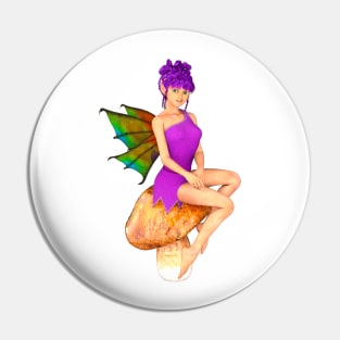 Smiling fairy faerie elf in pink sitting on toadstool, with purple hair - I believe in fairies Pin