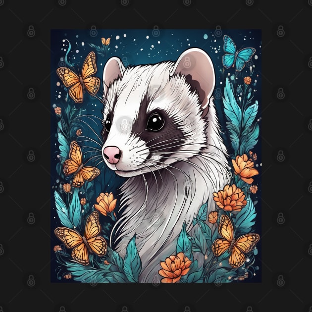 Ferret In Cottage Core and Filigree Style Art by BirdsnStuff