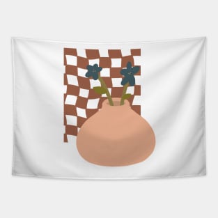 large ceramic vase with blue flowers on checkerboard background Tapestry