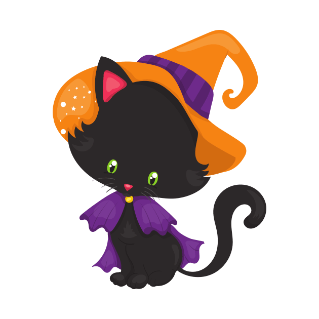 Halloween Cat, Cute Cat, Black Cat, Witch Hat by Jelena Dunčević