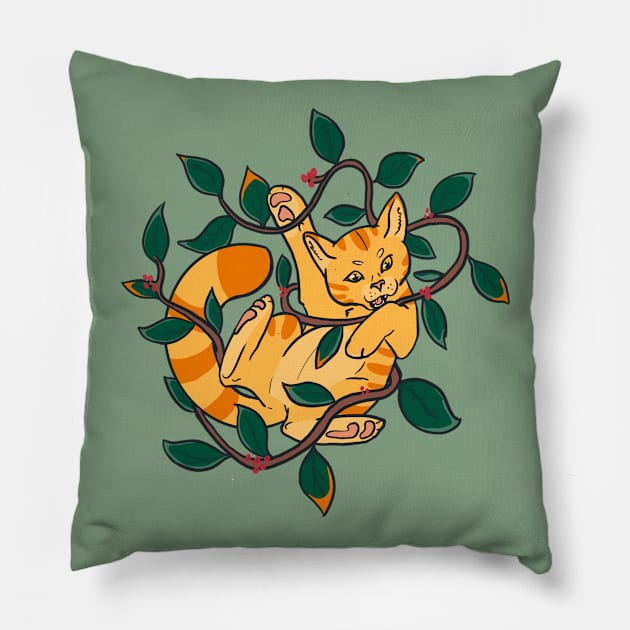 Leafy Autumn Orange Cat Pillow by CloudWalkerDesigns