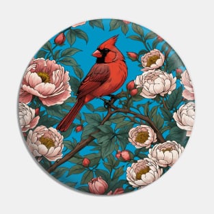 Red Cardinal Bird and Peony Flowers Pin