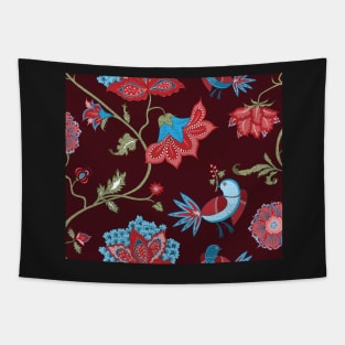 Exotic chintz with bird - dark red Tapestry