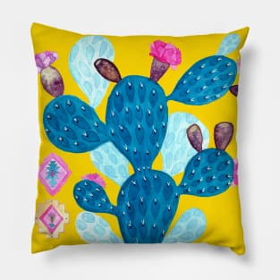 Watercolor Mexican cactus with folk flowers Aztec tiles Pillow