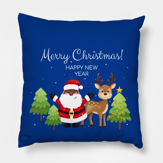 Merry christmas and happy new year greeting card. Black santa, deer, trees, stars, snow. African American Santa. Pillow by IriSev