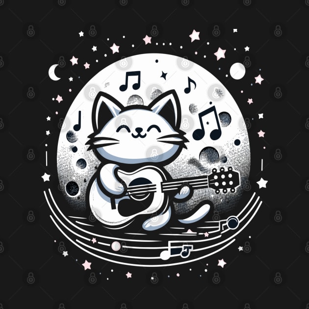 Romantic Cat Playing Guitar with Moon - Cool and Cute Illustration by diegotorres