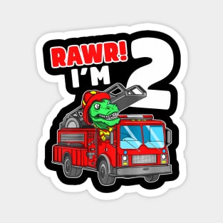 Dinosaur Fire Truck 2Nd Birthday Boy Two T-Rex Firefighter Magnet