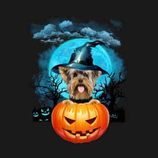 Yorkshire Terrier Witch Hat Pumpkin And Blue Moon Halloween T-Shirt