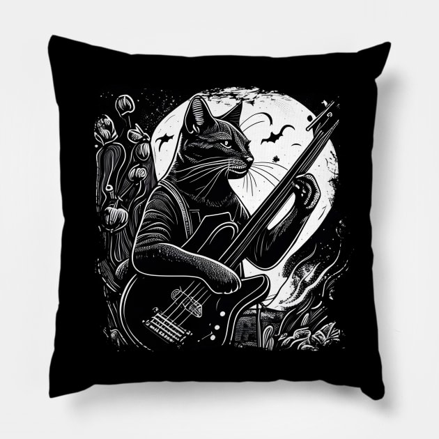 Cute Musician Black Cat Kitty Playing Guitar - Funny Cats Pillow by Wesley Mcanderson Jones