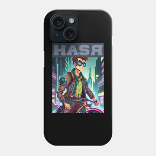 Futuristic Man On Bicycle with Futuristic Building Background Phone Case