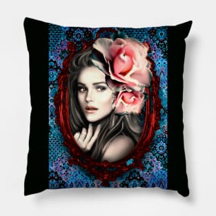 Red Frame Bright Pink Roses Portrait Beautiful Girls Artwork, Digital Art Pillow