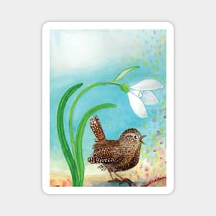 Wren Bird and Snowdrop Sing In the Spring Illustration Magnet