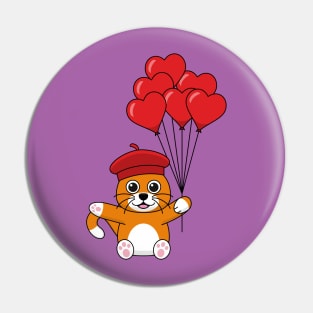 Cute Cat with Red Heart Balloons Pin