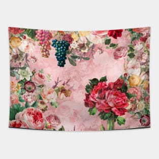 Elegant Vintage flowers and roses garden shabby chic, vintage botanical, pink floral pattern pink artwork over a Tapestry