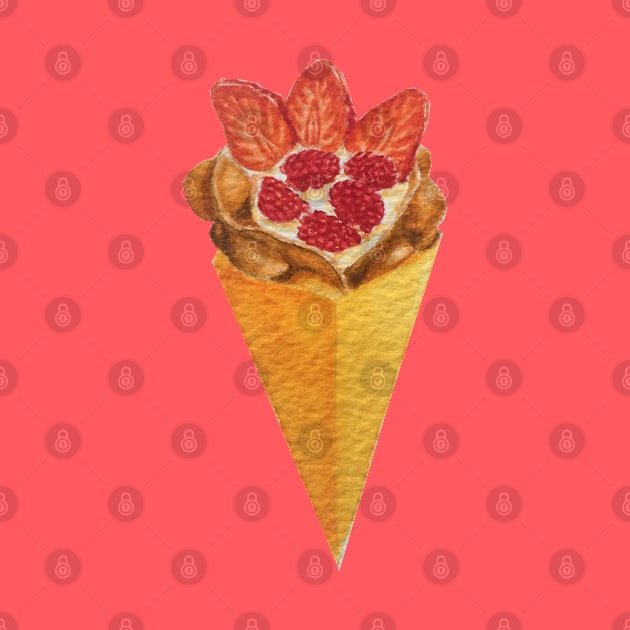 Bubble waffle ice cream cone with strawberries and raspberries watercolour painting by toffany's