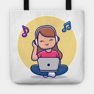 Girl Listening Music With Headphone And Laptop Tote