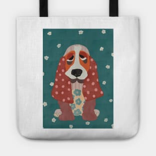Hamish the Appliqué Patchwork Basset Hound Puppy with daisies and polka dots Tote