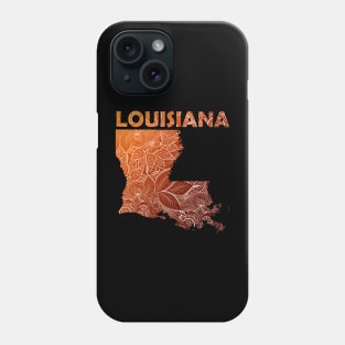 Colorful mandala art map of Louisiana with text in brown and orange Phone Case