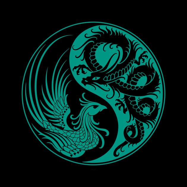 Teal Blue and Black Dragon Phoenix Yin Yang by jeffbartels