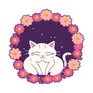 Cute cat in a flower frame pink illustration digital T-Shirt