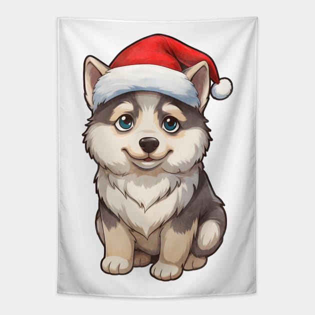 Siberian Husky Dog in Santa Hat Tapestry by Chromatic Fusion Studio