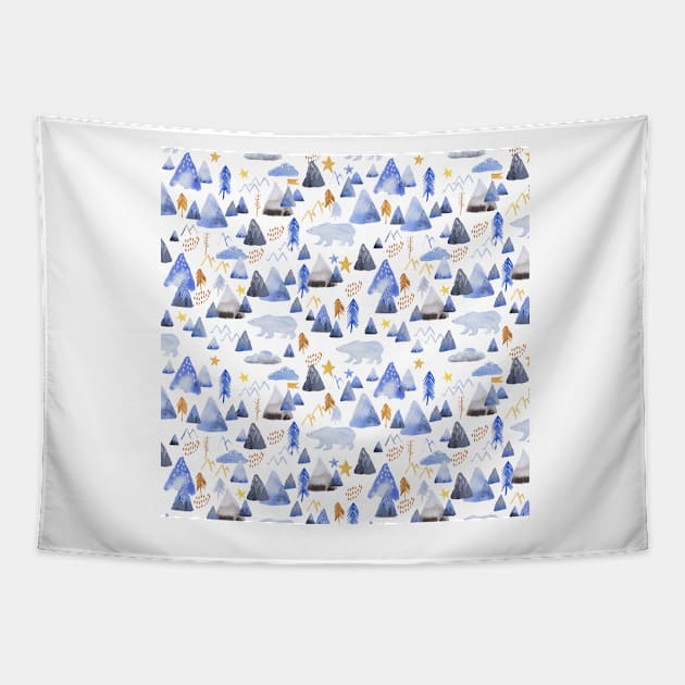 mountains and polar bears Tapestry by Kimmygowland