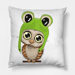 Cute little owl with big eyes and an frogs hat Pillow