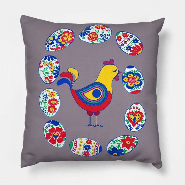 Easter eggs around rooster Pillow by tashashimaa