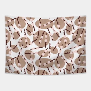 Marshmallows on sticks on a white background with brown circles. Summer camp. Camping print. Tapestry