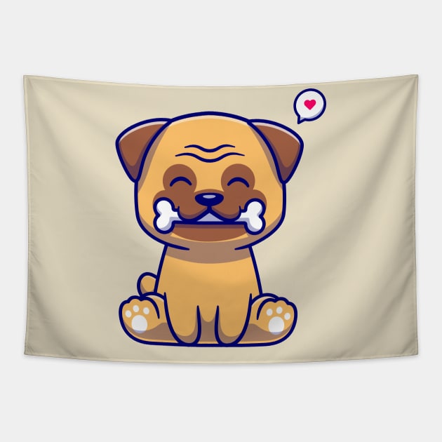 Cute Pug Dog Bite Bone Cartoon Tapestry by Catalyst Labs