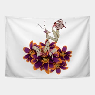 Original White and purple Praying Mantis on orange and Purple Tulips sipping on some Tea. Tapestry