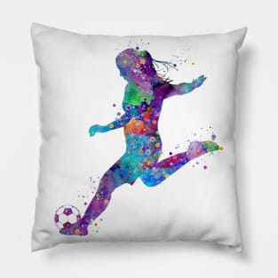 Girl Soccer Player Shooting Pose Watercolor Pillow