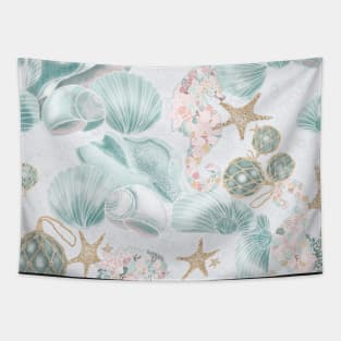 Seaside Living with shells and vintage glass floats Tapestry