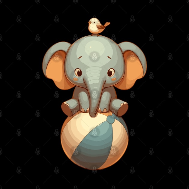 Kawaii Circus Elephant with bird On Ball by TomFrontierArt