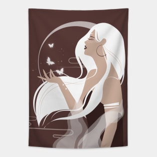 Celestial art, Moon art, Celestial butterfly print, Halloween, Witch art, Woman with long white hair, Aesthetic art Tapestry