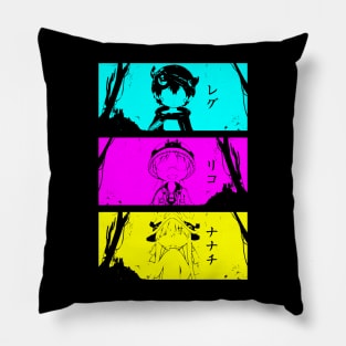 Made in abyss anime all main characters Reg Riko Nanachi with their japan text in Cyan Magenta Yellow colors Grunge distressed Pillow