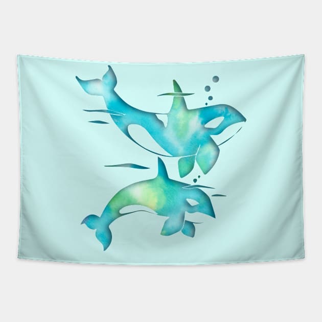 Aqua Sea Orca Whales Tapestry by ferinefire