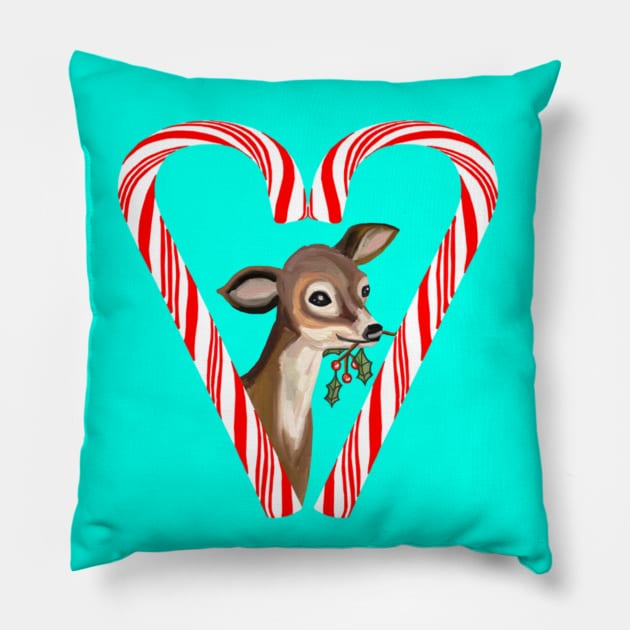 Baby Deer Peeking from Candy Cane Heart Pillow by Art by Deborah Camp