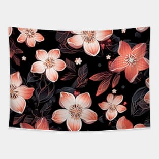 Red and Pink Sakura Flowers on Black Background Tapestry