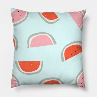 Red and pink watermelon slice with bones design on blue background Pillow