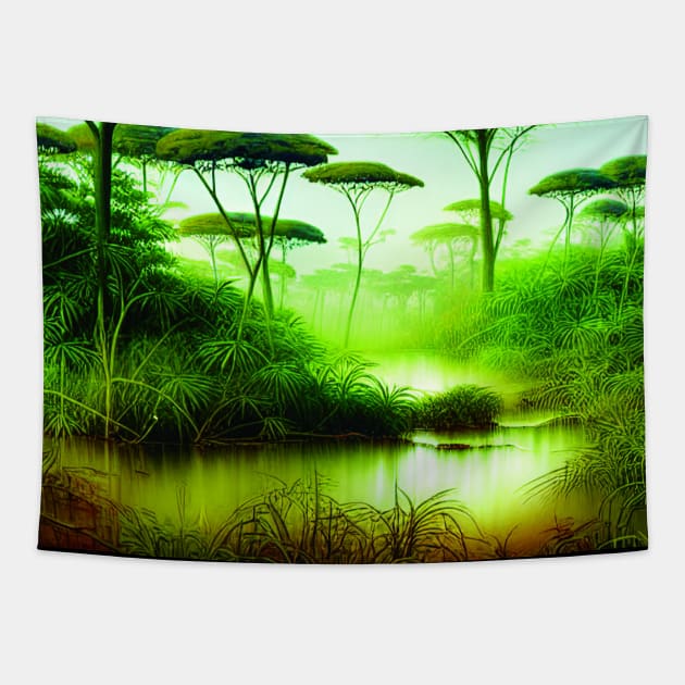 Landscape Painting with Tropical Plants and Lake, Scenery Nature Tapestry by Promen Art