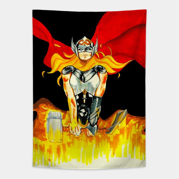 thunder goddess in fire Tapestry by jorge_lebeau