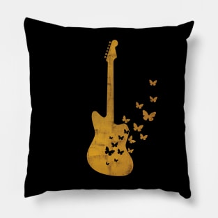 Offset Style Electric Guitar Silhouette Turning Into Butterflies Gold Pillow