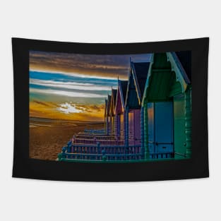 Beach huts on Mersea Island at sunset Tapestry