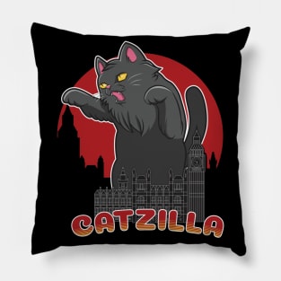 Catzilla playing on the city building Pillow
