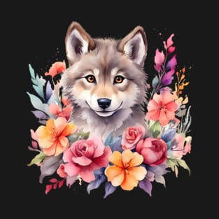 A wolf decorated with beautiful watercolor flowers T-Shirt