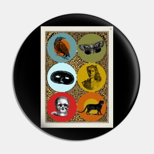 Halloween Signs and Portents Six Symbols - Black Cat, Skull, Mask, Memento Mori, Moth, Crow. Pin