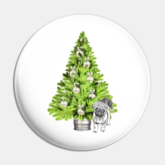 Pug dog Christmas scene with Christmas tree and Santa hat Pin by NikkiBear67