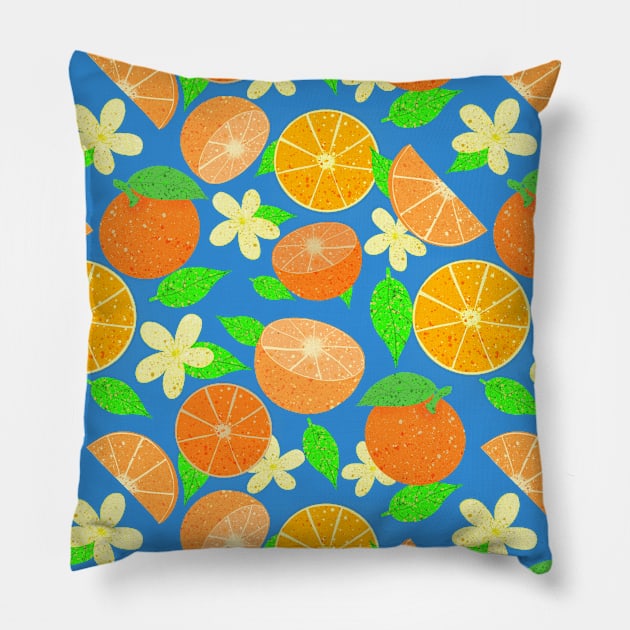 Orange fruit pattern - blue Pillow by Juliana Costa