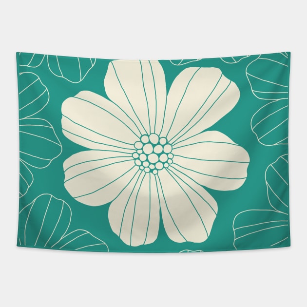 Marsh Mallow Doodle Flower Cream and Teal Tapestry by tramasdesign